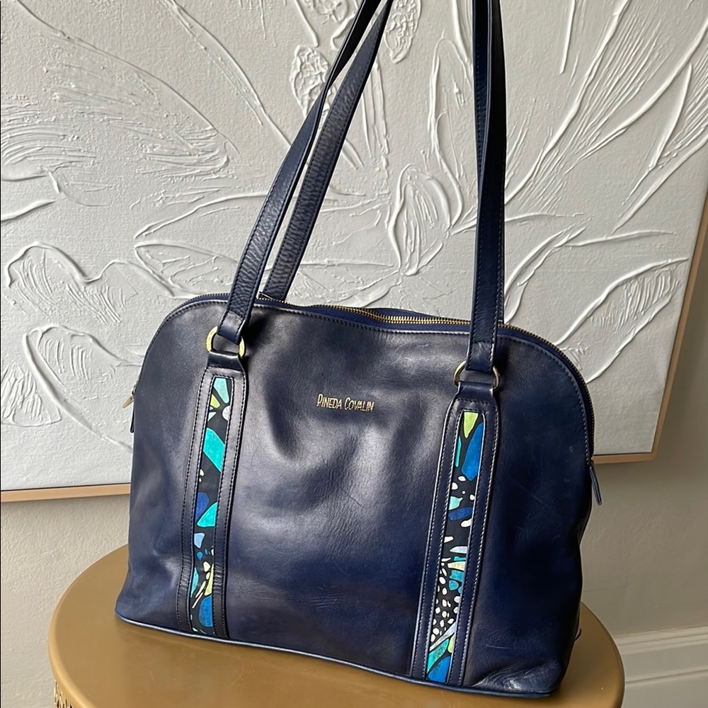 Pineda Covalin Navy Leather Shoulder Bag with Vibrant Designs